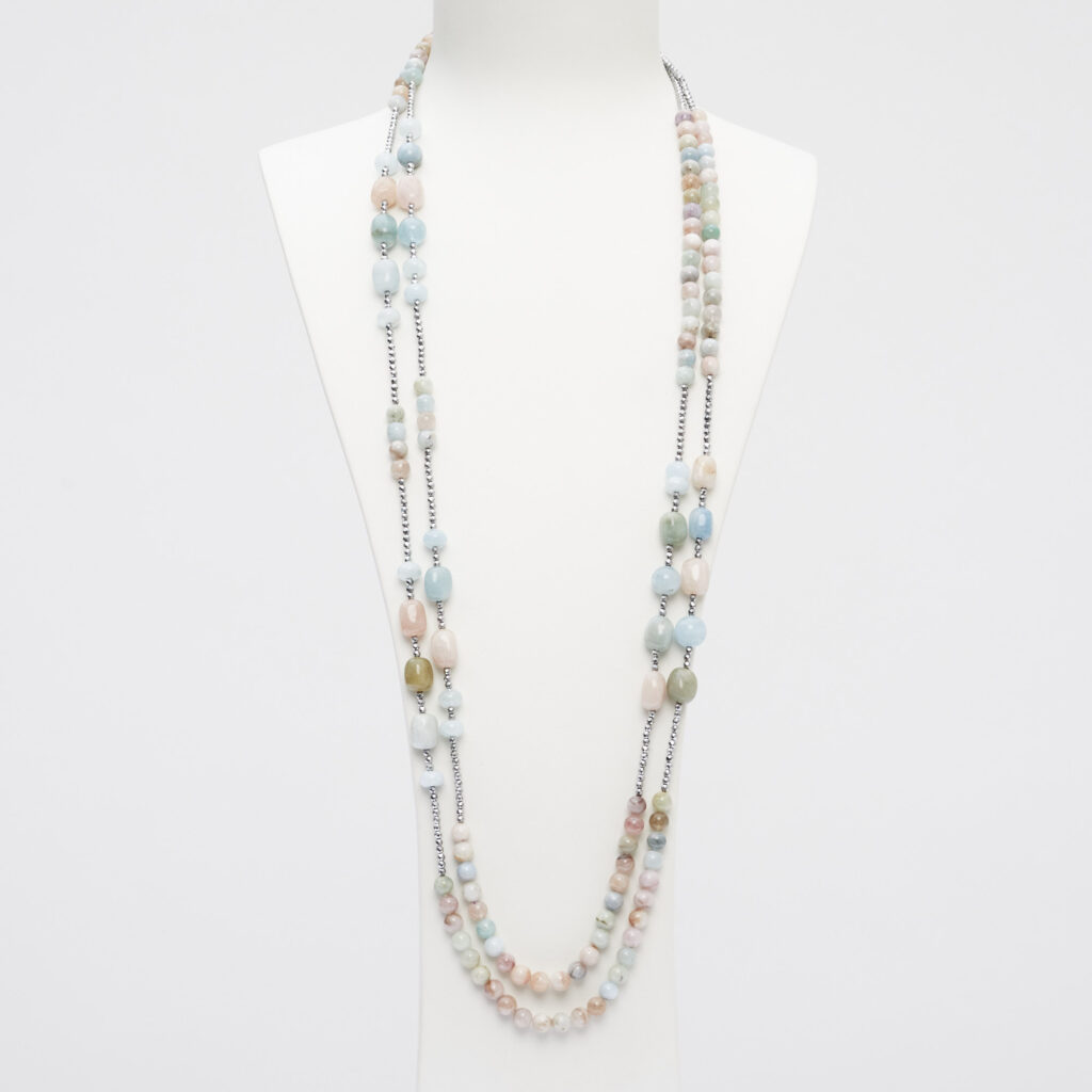 Collana lunga a due fili in Morganite ed Acquamarina