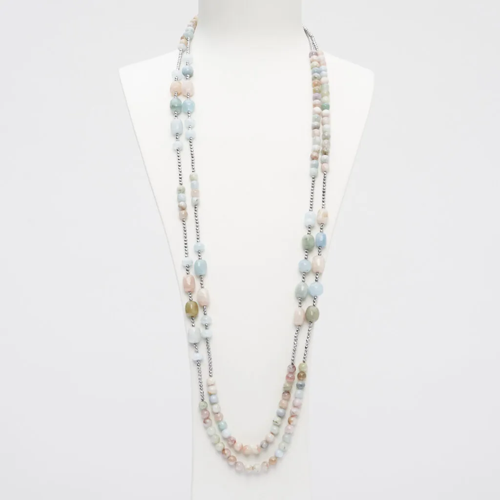 Collana lunga a due fili in Morganite ed Acquamarina