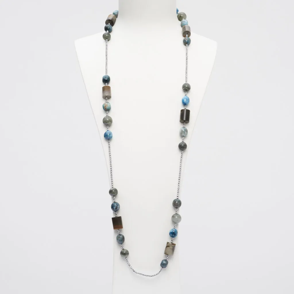 Collana lunga in Agata Salvia, Diaspro Madagascar ed Apatite, con Ematite