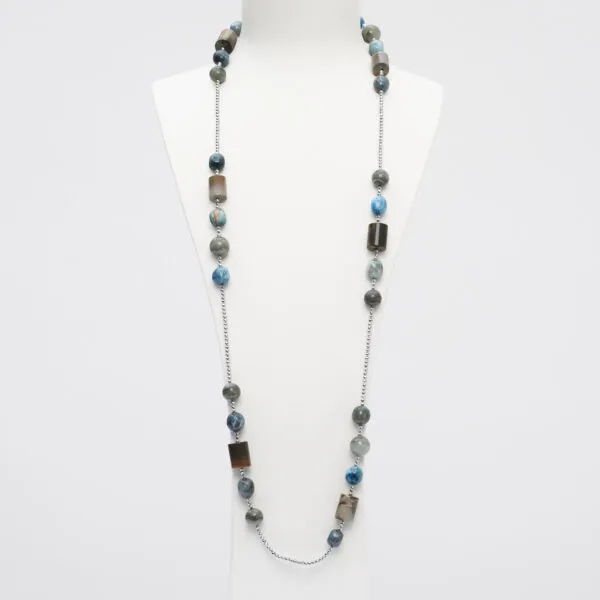 Collana lunga in Agata Salvia, Diaspro Madagascar ed Apatite, con Ematite