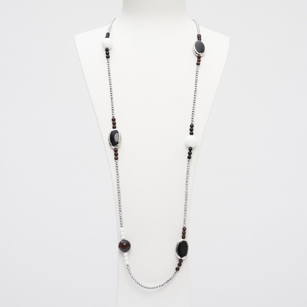 Collana in Ematite Rodiata, Agata Bianca, Agata Nera ed Occhio di Bue