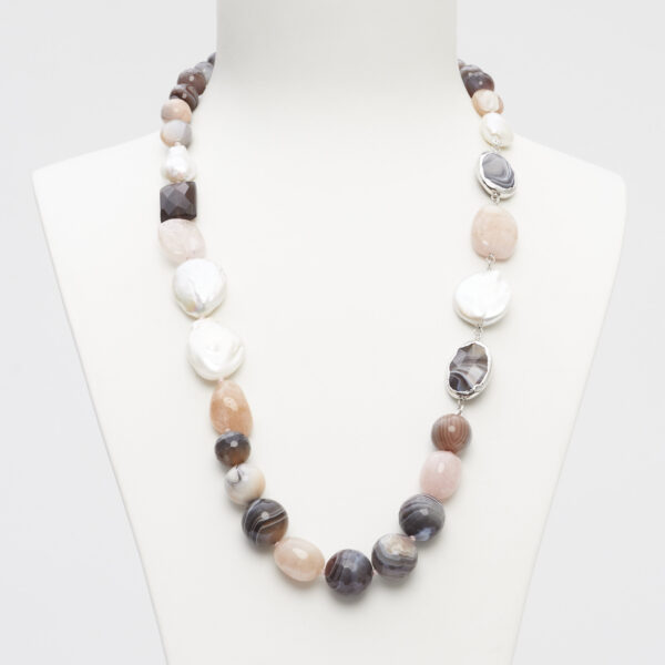 Collana media in Agata Botswana, Morganite e Perle