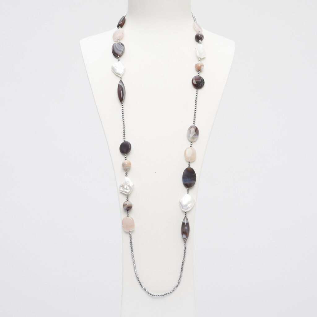 Collana lunga in Agata Botswana, Perle, Morganite ed Ematite