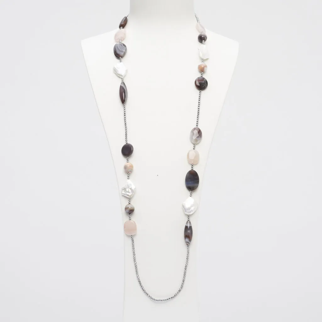 Collana lunga in Agata Botswana, Perle, Morganite ed Ematite
