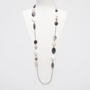 Collana lunga in Agata Botswana, Perle, Morganite ed Ematite