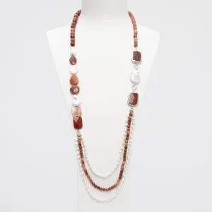 Collana con frontale a tre fili in Agata di Fuoco, Quarzo Ematoide e Perle