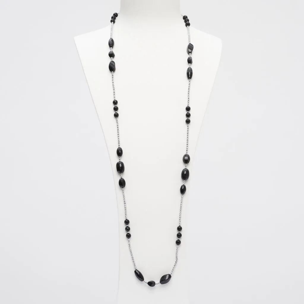 Collana lunga con forme assortite in Agata Nera ed Ematite rodiata