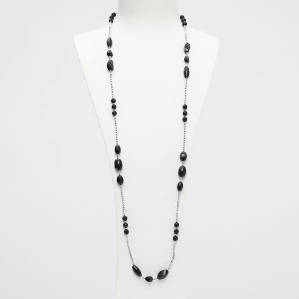 Collana lunga con forme assortite in Agata Nera ed Ematite rodiata