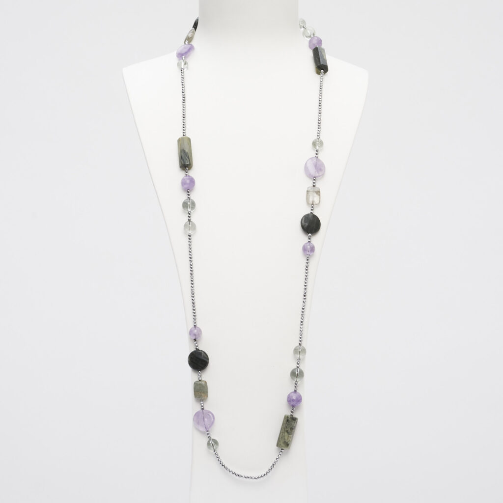Collana in Ametista, Agata Salvia e Lodolite, con Ematite rodiata