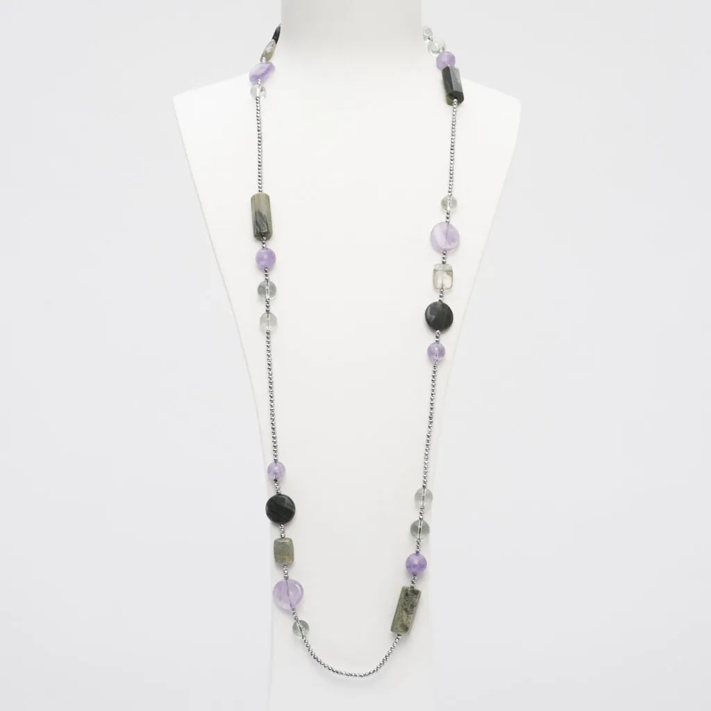 Collana in Ametista, Agata Salvia e Lodolite, con Ematite rodiata