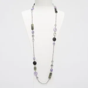 Collana in Ametista, Agata Salvia e Lodolite, con Ematite rodiata