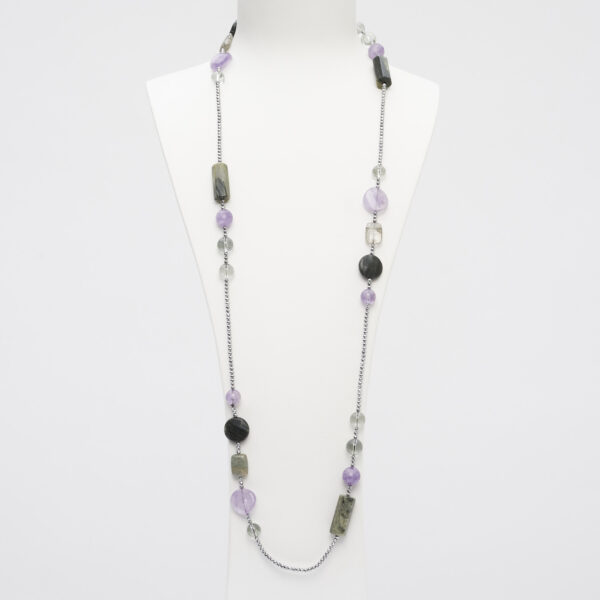 Collana in Ametista, Agata Salvia e Lodolite, con Ematite rodiata
