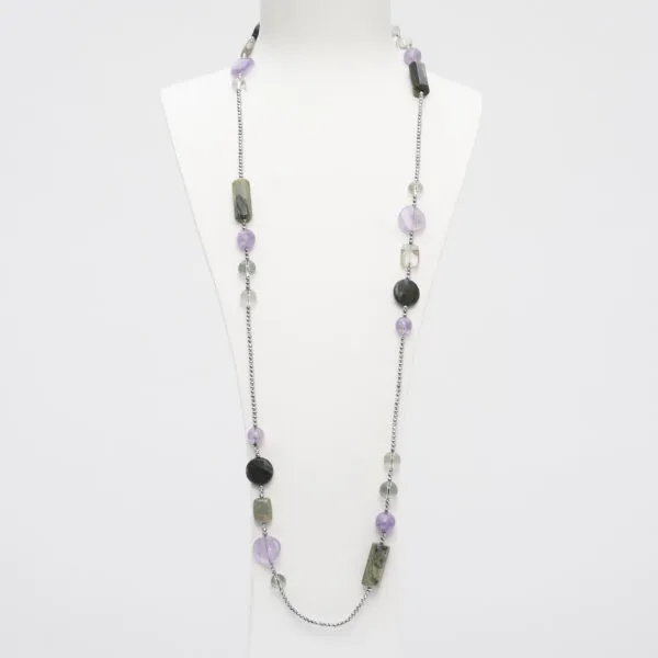 Collana in Ametista, Agata Salvia e Lodolite, con Ematite rodiata