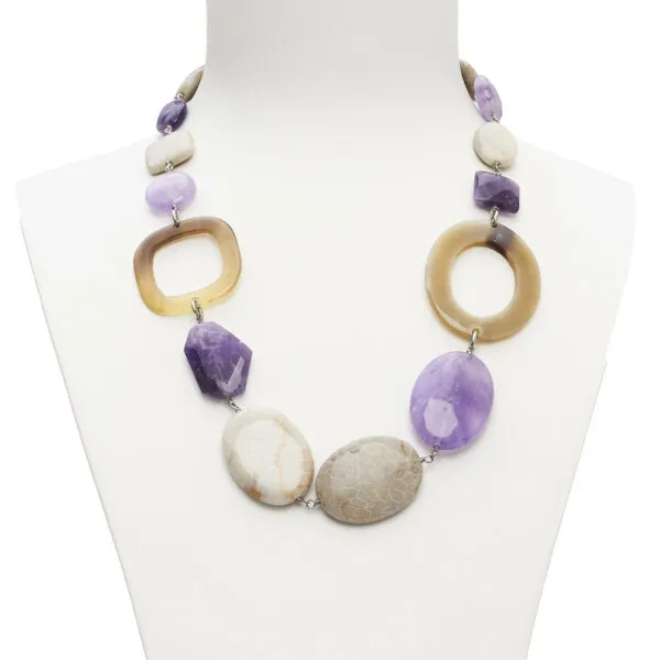 Collana corta rilegata in Ametista e Corallo Fossile con Corno