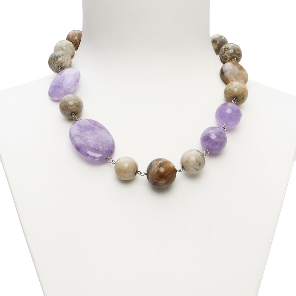 Ketting gebonden in Amethist, Fossiel Koraal en Fossiel Hout