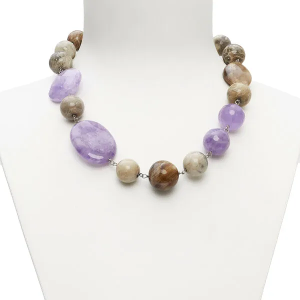 Collana rilegata in Ametista, Corallo Fossile e Legno Fossile