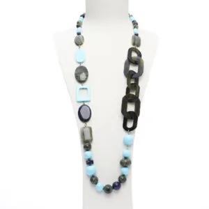 Collana rilegata in Agata Salvia, Dumortierite e Pasta di Turchese con Corno
