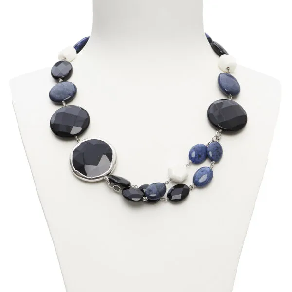 Collana corta in Agata Nera, Dumortierite e Corallo Bianco