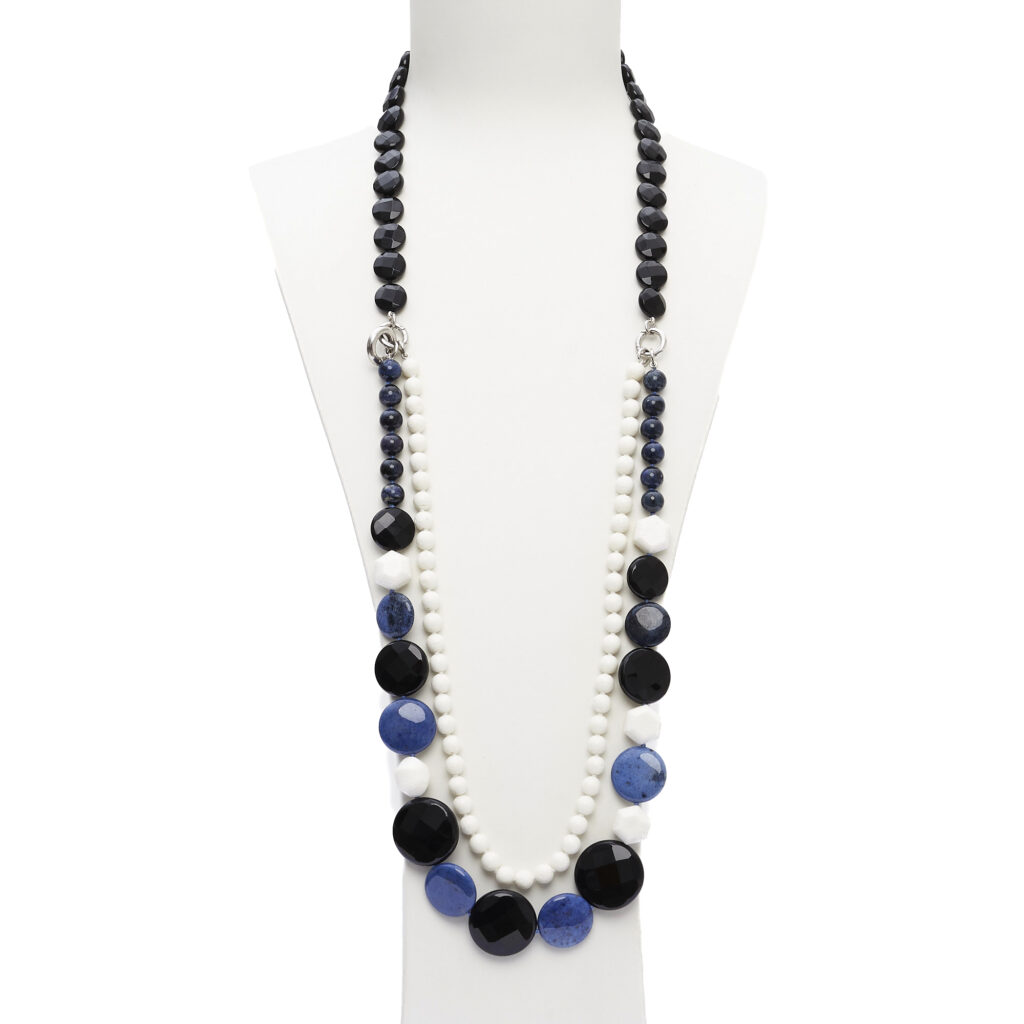 Collier en Agate noire, Dumortierite et Corail blanc