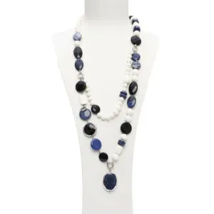 Collana componibile in Agata Nera, Dumortierite e Corallo Bianco