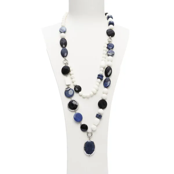 Collana componibile in Agata Nera, Dumortierite e Corallo Bianco