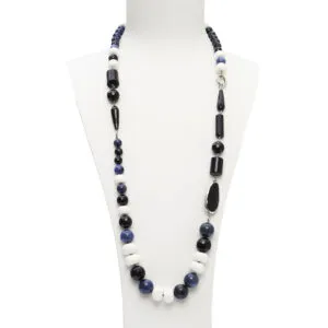 Collana lunga in Agata Nera, Dumortierite e Corallo Bianco