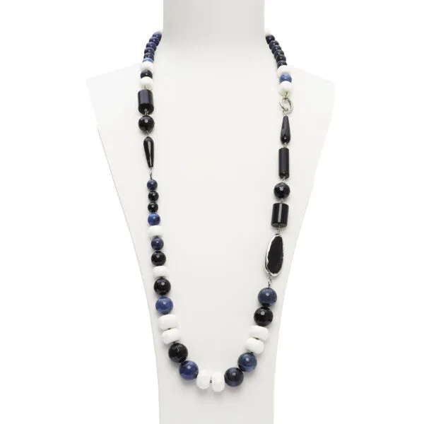 Collana lunga in Agata Nera, Dumortierite e Corallo Bianco