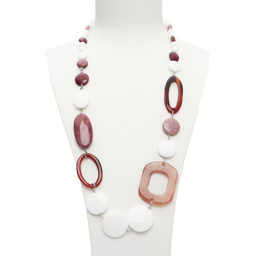 Collana rilegata in Agata Bianca e Rodonite, con Corno
