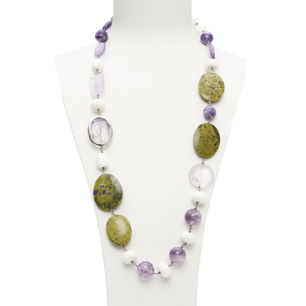 Ketting van witte agaat, amethist en stictiet