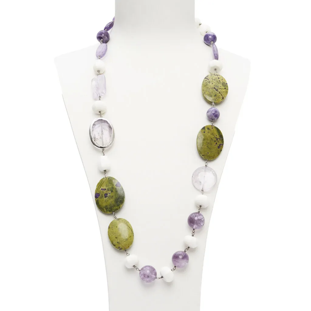 Ketting van witte agaat, amethist en stictiet