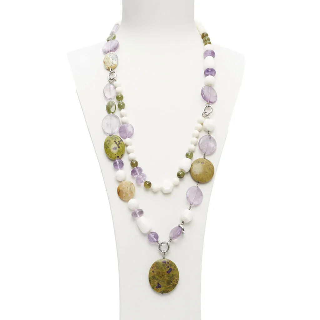 Witte koraal, amethist en stictiet, lange ketting met hanger
