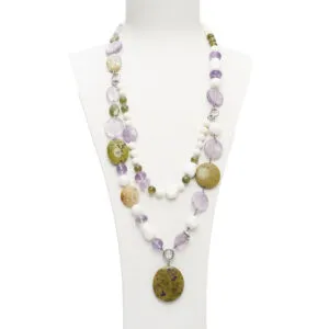 Collana lunga in Corallo Bianco, Ametista e Stictite con pendente