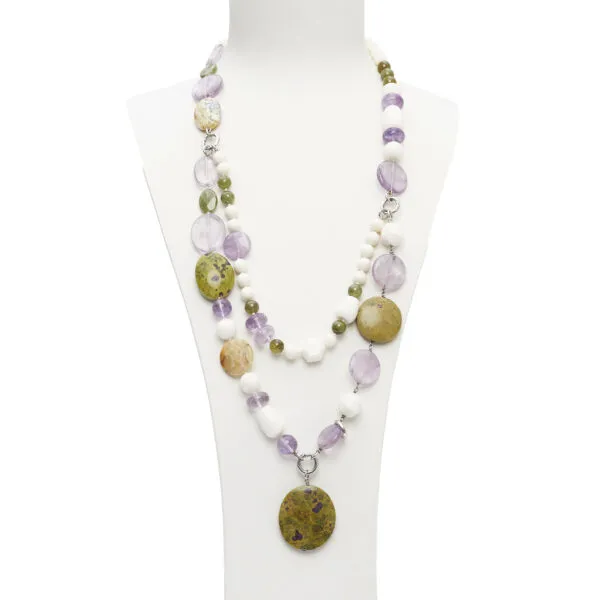 Collana lunga in Corallo Bianco, Ametista e Stictite con pendente