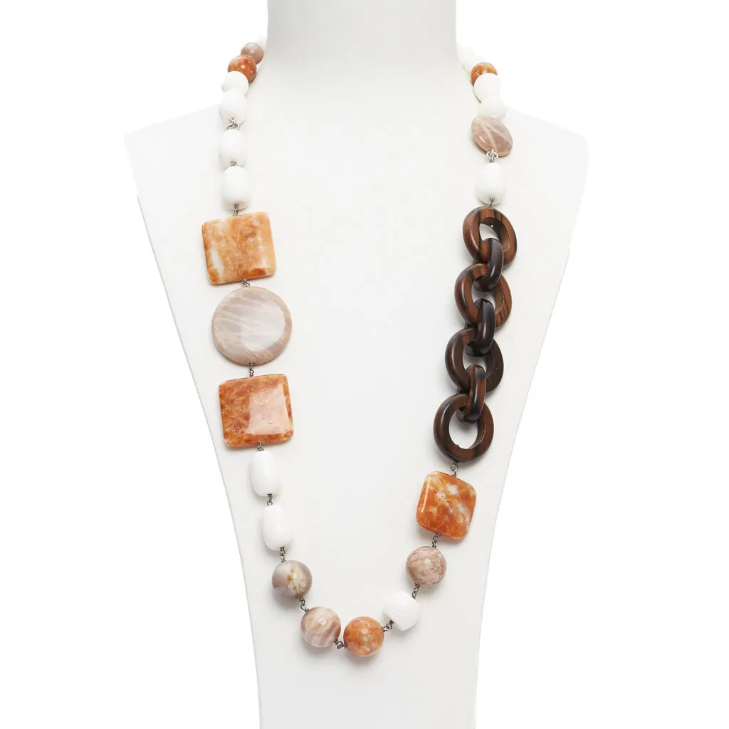 Collana in Corallo Bianco, Aragonite e Pietra di Luna con Ebano