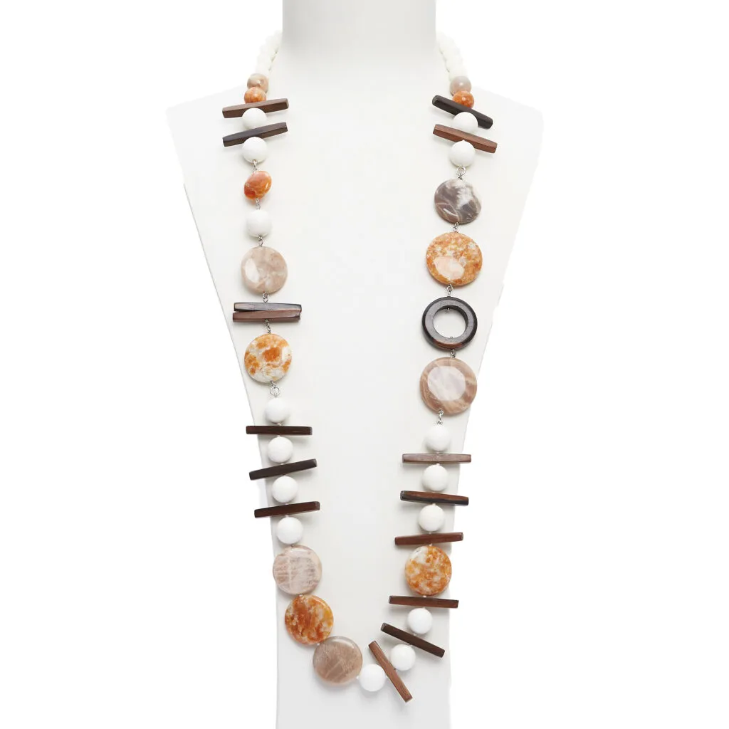 Collana in Corallo Bianco, Aragonite e Pietra di Luna con Ebano