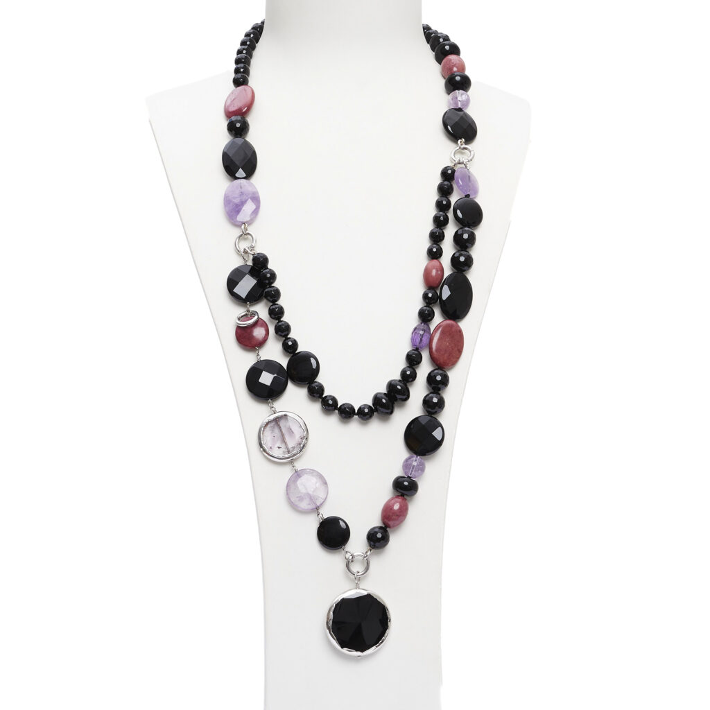 Collana in Agata Nera, Aragonite, Ametista e Rodonite