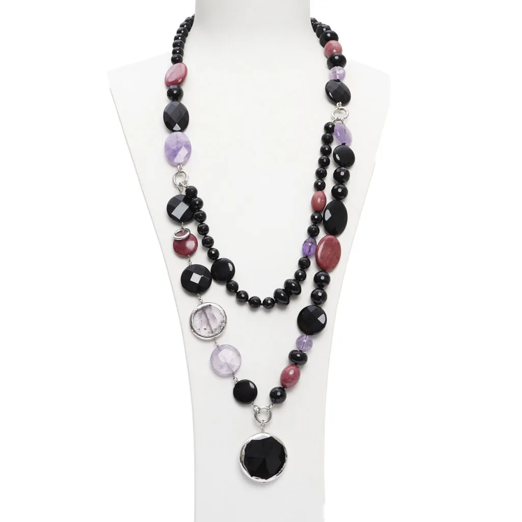 Collana in Agata Nera, Aragonite, Ametista e Rodonite