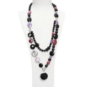 Collana in Agata Nera, Aragonite, Ametista e Rodonite