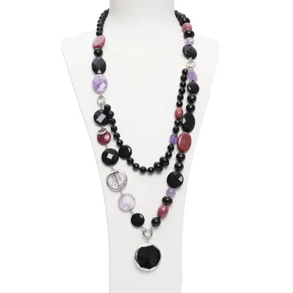 Collana in Agata Nera, Aragonite, Ametista e Rodonite