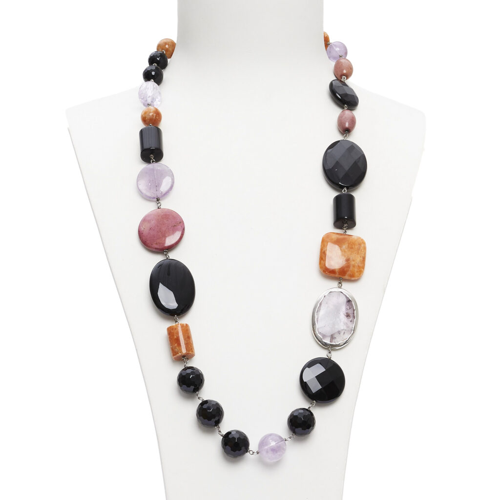 Collana in Agata Nera, Aragonite, Ametista e Rodonite