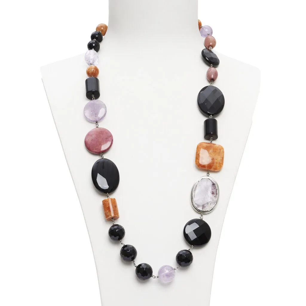 Collana in Agata Nera, Aragonite, Ametista e Rodonite