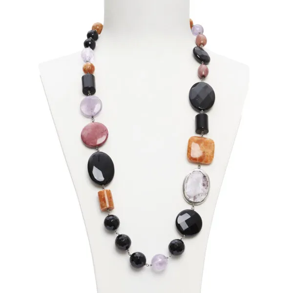 Collana in Agata Nera, Aragonite, Ametista e Rodonite