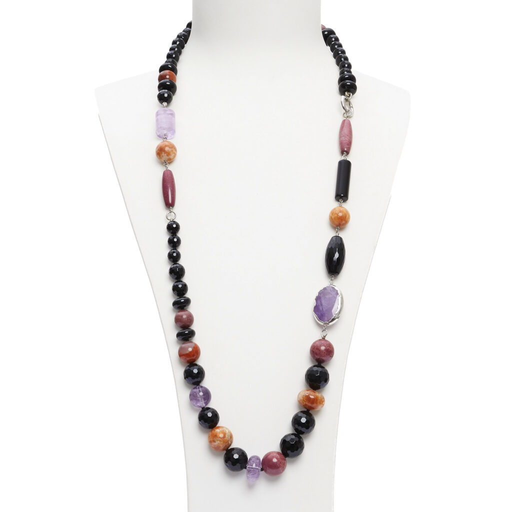 Collana in Agata Nera, Aragonite, Ametista e Rodonite