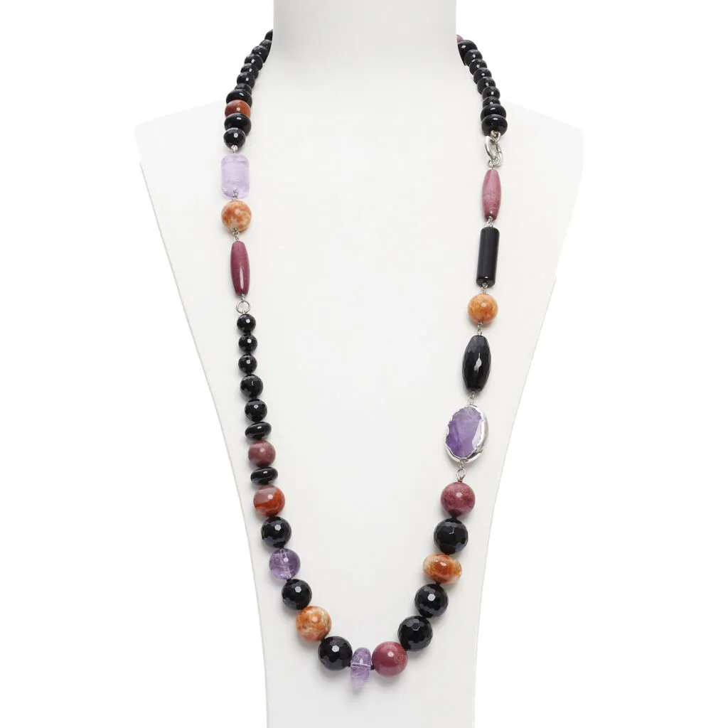 Collana in Agata Nera, Aragonite, Ametista e Rodonite