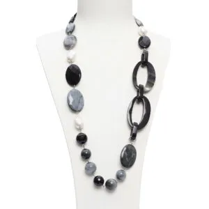 Collana in Quarzo Grigio, Occhio di Gatto, ed Agata Nera con Corno