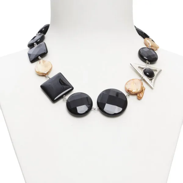 Collana in Agata Nera e Perle Piatte
