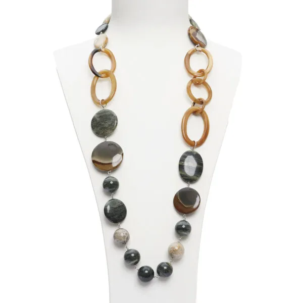 Collana in Agata Salvia, Corallo Fossile e Diaspro, con Corno
