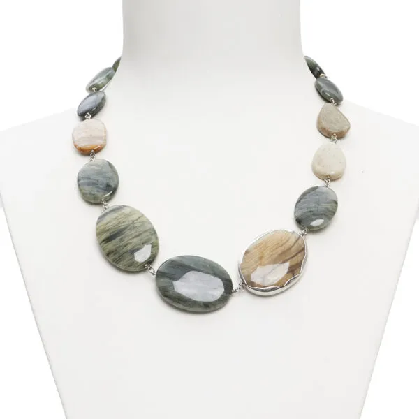 Collana in Agata Salvia, Legno Fossile e Corallo Fossile