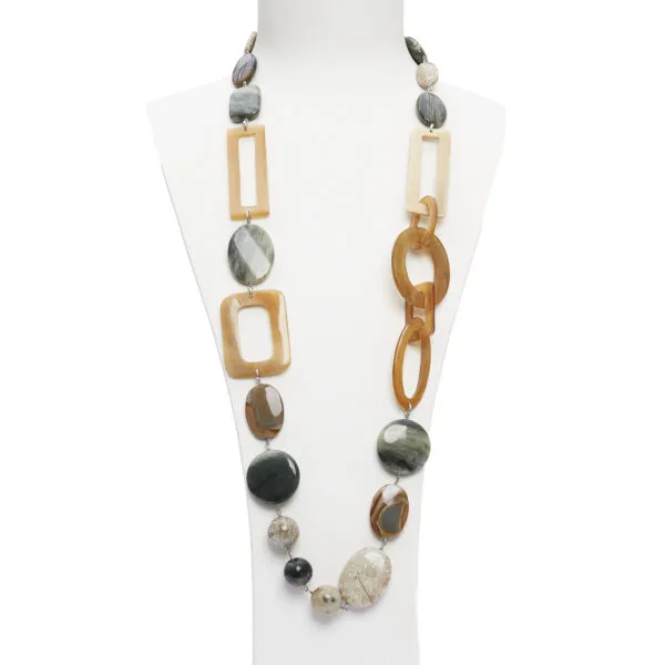 Collana in Agata Salvia, Corallo Fossile e Diaspro, con Corno