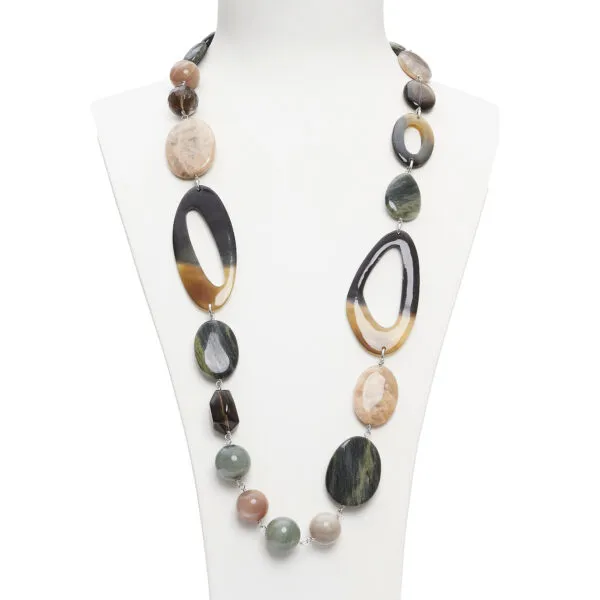 Collana in Agata Salvia, Corallo Fossile e Quarzo Fumè, con Corno